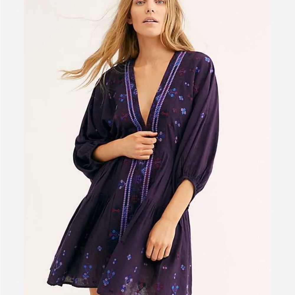 Free People Deep Purple Embroidered V-Neck Sleep Tunic with Blue Accents